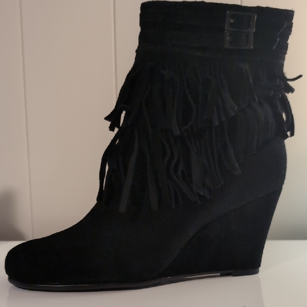 Black Fringe Wedge Ankle Boots